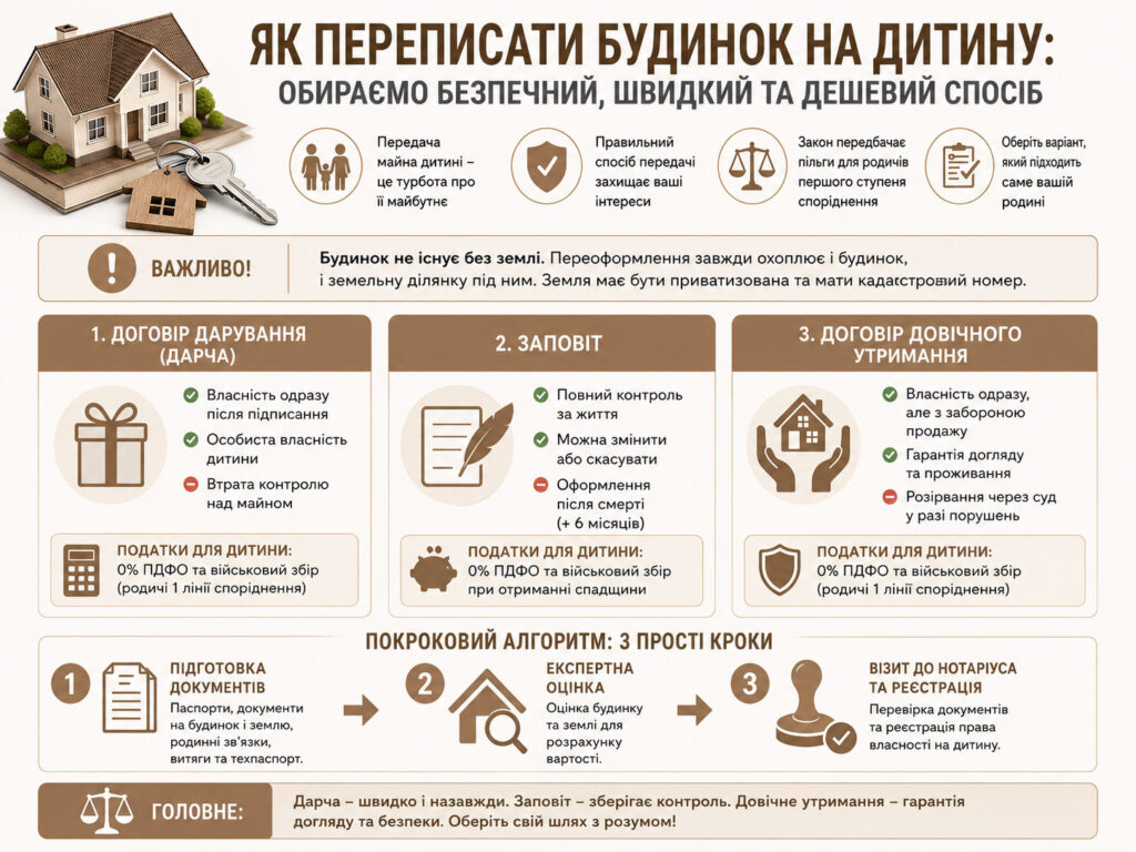 Інфографіка про способи переоформлення будинку на дитину в Україні: договір дарування, заповіт та договір довічного утримання. Порівняння переваг, недоліків, податкових пільг і покроковий алгоритм оформлення нерухомості та земельної ділянки у власність дитини.