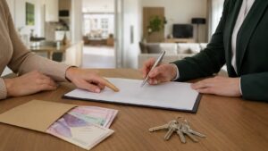 Попередній договір купівлі-продажу квартири, аванс і ключі від нерухомості на столі в нотаріуса