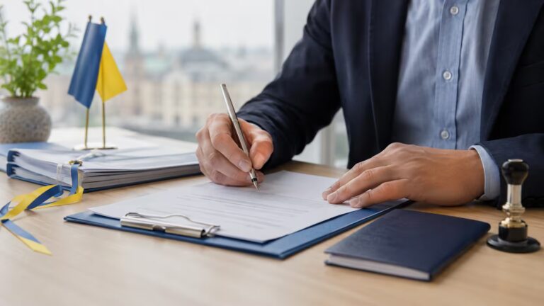 Українець за кордоном підписує нотаріальні документи для подальшого використання в Україні.