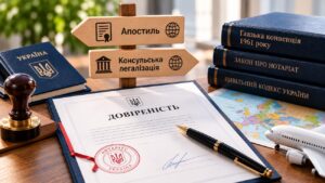 Нотаріальна довіреність для використання за кордоном, апостиль і консульська легалізація, документи та карта Європи.
