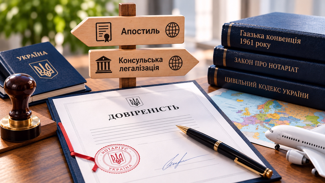 Нотаріальна довіреність для використання за кордоном, апостиль і консульська легалізація, документи та карта Європи.