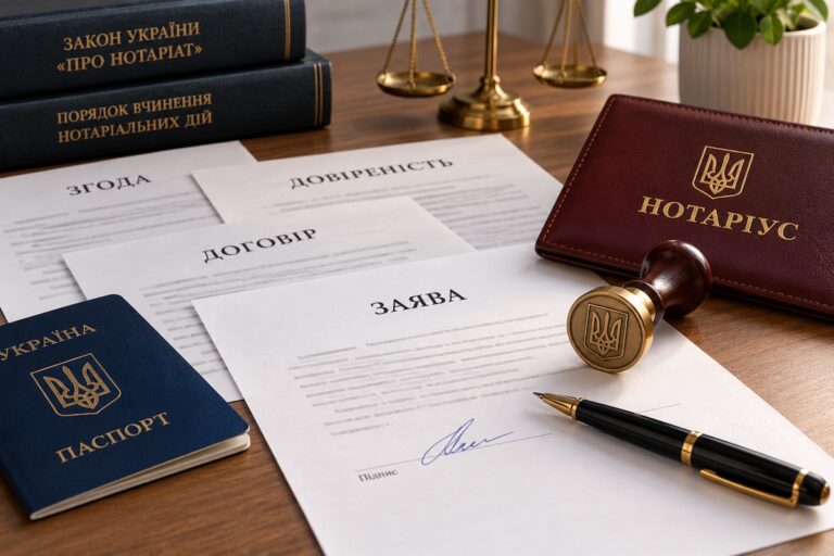 Нотаріальне засвідчення справжності підпису на заяві: документи, ручка, печатка нотаріуса та паспорт України на робочому столі.