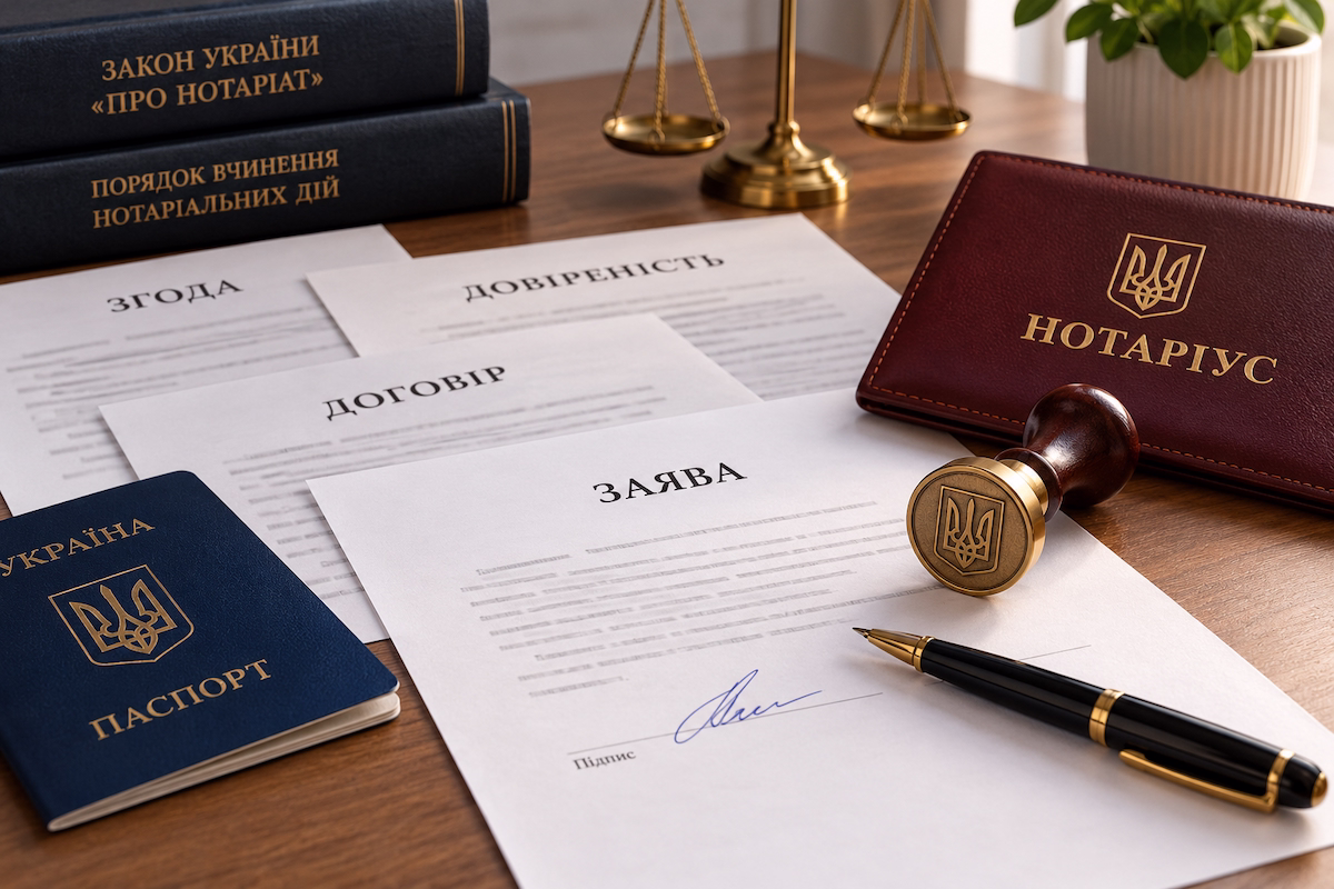 Нотаріальне засвідчення справжності підпису на заяві: документи, ручка, печатка нотаріуса та паспорт України на робочому столі.