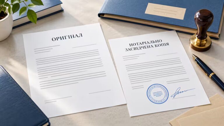 Нотаріально засвідчена копія документа з печаткою та підписом нотаріуса поруч з оригіналом на робочому столі.