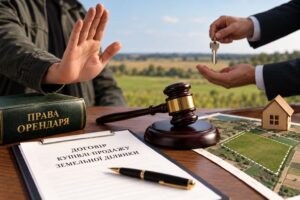 Порушення переважного права орендаря на купівлю земельної ділянки — судовий молоток, договір купівлі-продажу землі та жест заборони.