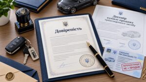 Довіреність на продаж автомобіля, договір купівлі-продажу, свідоцтво про реєстрацію авто та ключі від машини на столі нотаріуса.