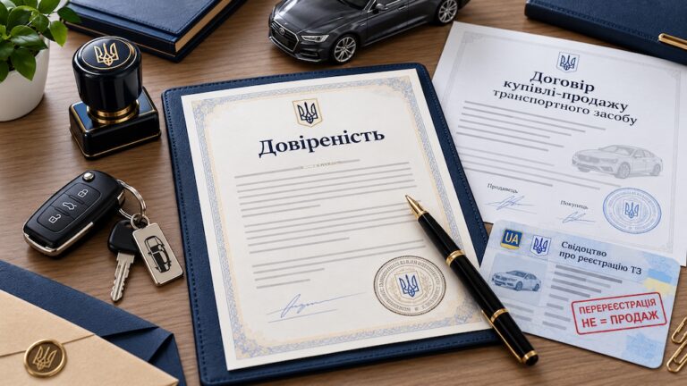 Довіреність на продаж автомобіля, договір купівлі-продажу, свідоцтво про реєстрацію авто та ключі від машини на столі нотаріуса.