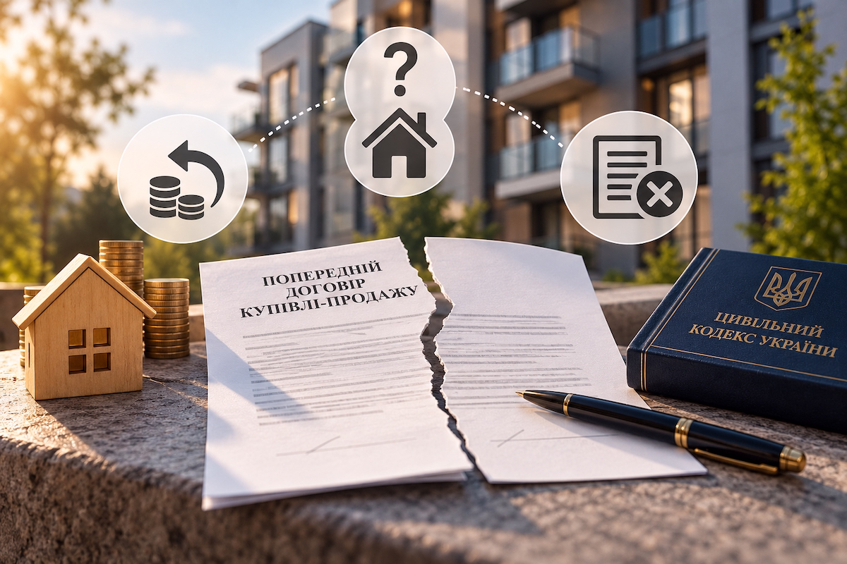 Відмова від попереднього договору купівлі-продажу квартири: розірваний договір на тлі житлового будинку, символи повернення коштів і скасування угоди.