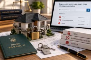 Перевірка арешту, заборони відчуження та іпотеки на нерухомість у Державному реєстрі речових прав, макет будинку із замком і документи.