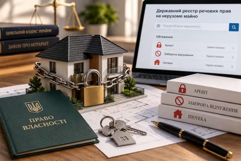 Перевірка арешту, заборони відчуження та іпотеки на нерухомість у Державному реєстрі речових прав, макет будинку із замком і документи.