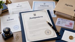 Довіреність, довідка, витяг, свідоцтво та архівна папка на столі поруч із печаткою, ручкою й посвідченням водія з позначкою «Особисто».