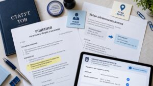 Документи про зміну директора та місцезнаходження ТОВ, рішення загальних зборів учасників і оновлення відомостей у ЄДР.