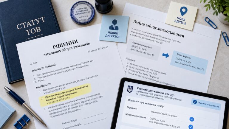 Документи про зміну директора та місцезнаходження ТОВ, рішення загальних зборів учасників і оновлення відомостей у ЄДР.